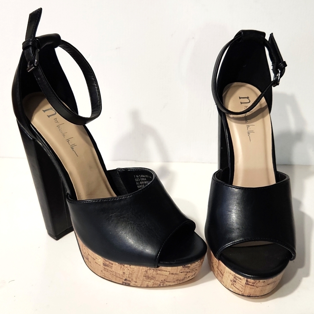 N by Nicole Miller Samantha Black Faux Leather Platform High Heels Size 7M